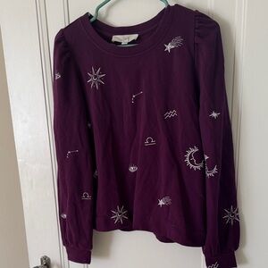 LOFT Plum Sweatshirt with White Celestial Motifs